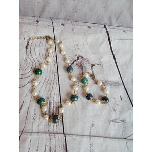Gold Tone Faux Pear and Green/blue Beads Necklace Bracelet Set